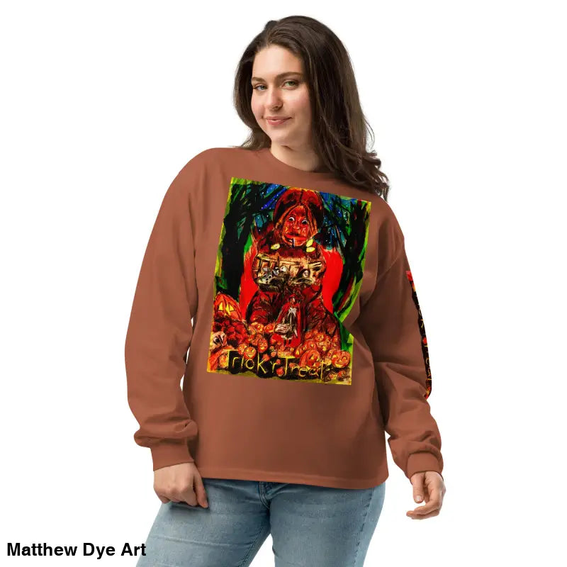 Brown unisex long sleeve sweatshirt from Trick r Treat, perfect for Halloween elegance
