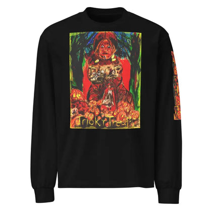 Black unisex long sleeve shirt featuring a Halloween-themed Trick R Treat graphic