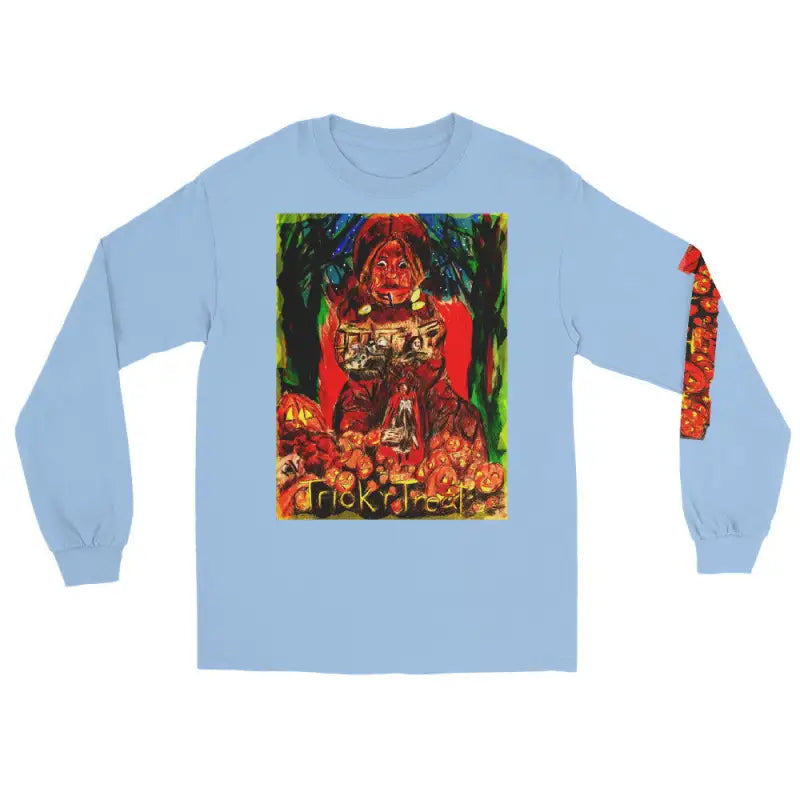 Light blue long sleeve shirt featuring colorful abstract art for Trick ’r Treat