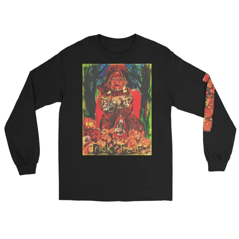 Black long sleeve shirt featuring vibrant psychedelic Halloween artwork on back