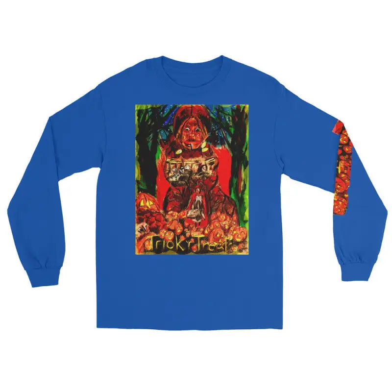 Royal blue long sleeve shirt featuring vibrant Trick ’r Treat artwork on the back