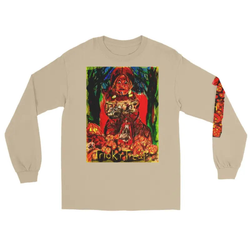 Tan long sleeve shirt featuring vibrant psychedelic artwork for Trick r Treat Halloween