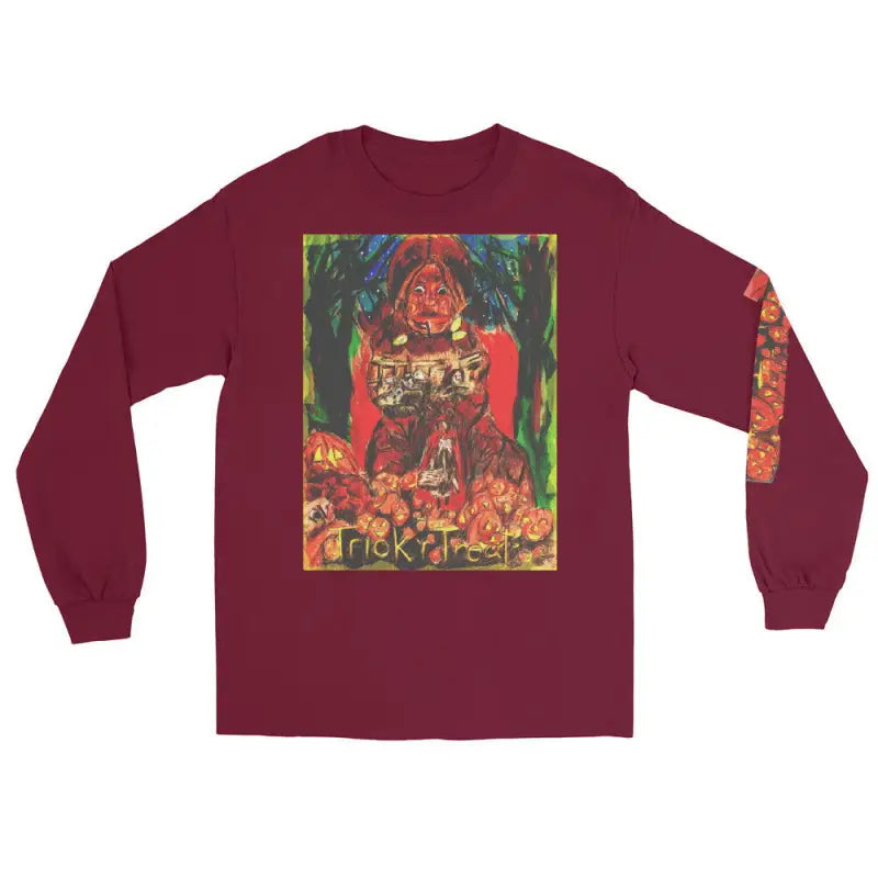 Burgundy long sleeve shirt with colorful artistic Halloween print on back