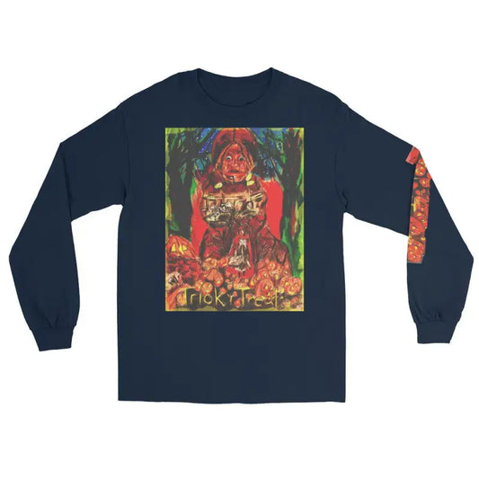 Navy blue long sleeve shirt featuring colorful artistic design for Trick ’r Treat