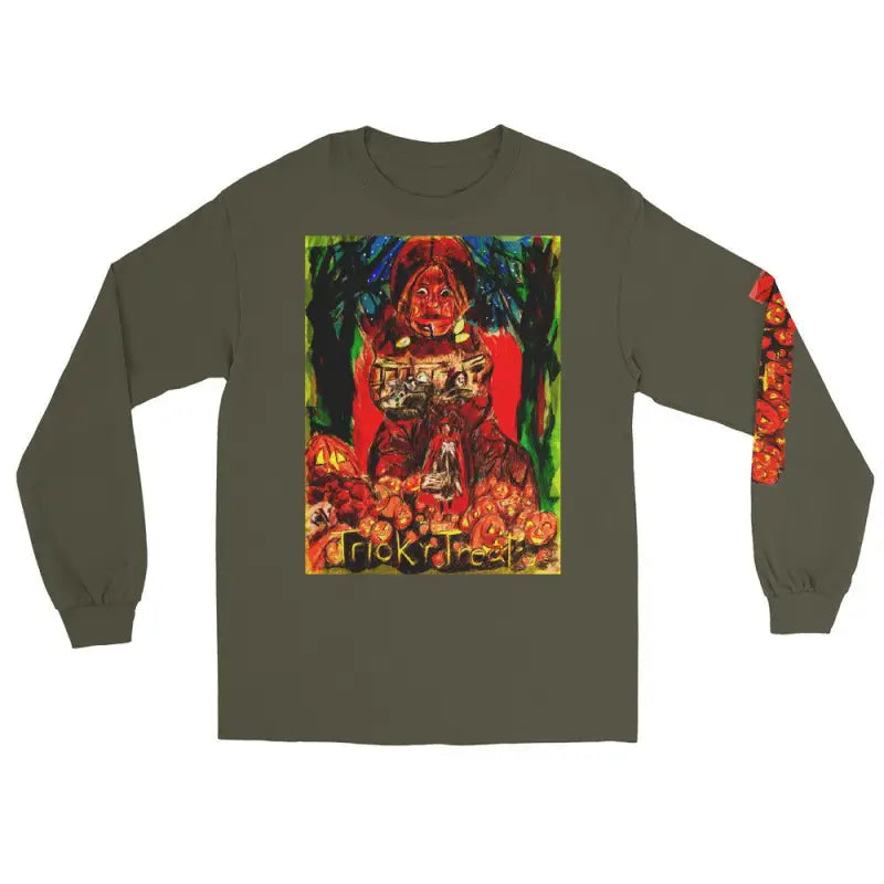 Olive green long sleeve shirt with vibrant demonic artwork for Trick ’r Treat Halloween