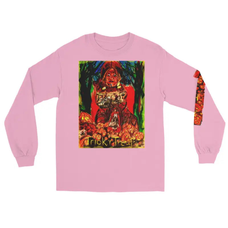 Pink long sleeve shirt featuring colorful abstract artwork for Trick ’r Treat Halloween