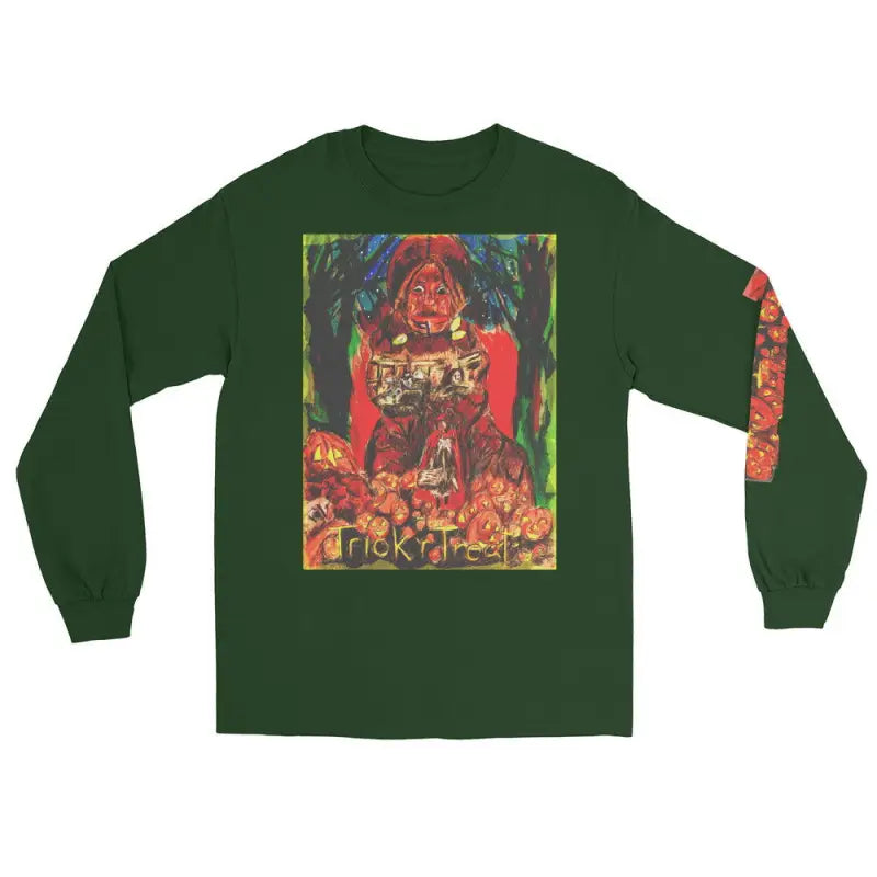 Dark green long sleeve shirt featuring colorful artistic print for Trick r Treat Halloween