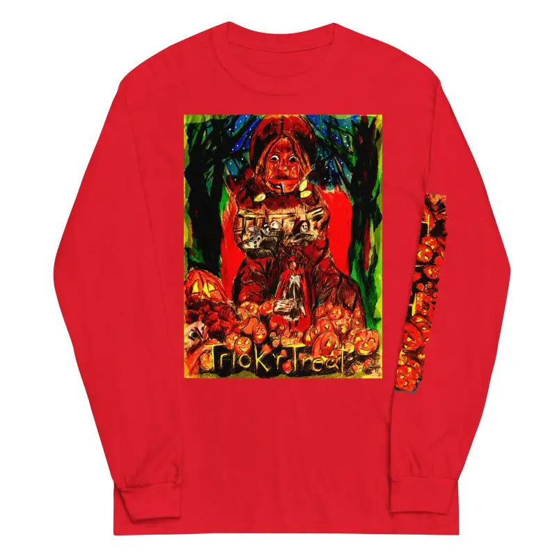 Red long sleeve shirt with Halloween pumpkin artwork and Trick r Treat text design