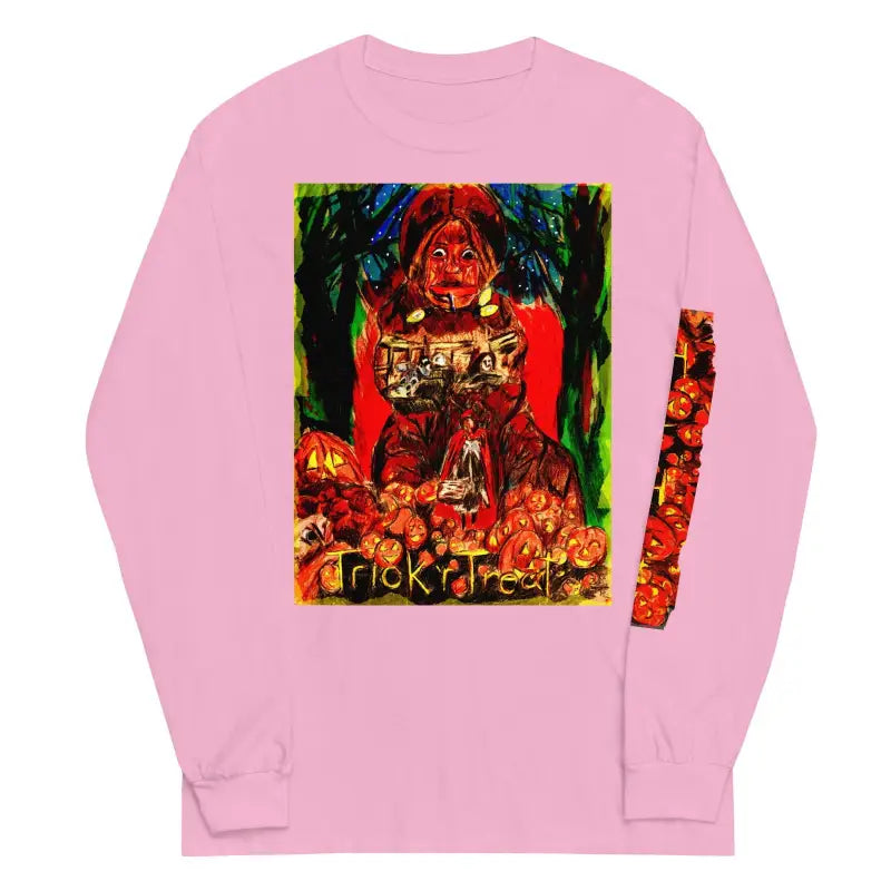 Pink long sleeve shirt featuring a Halloween trick ’r treat artwork on the back