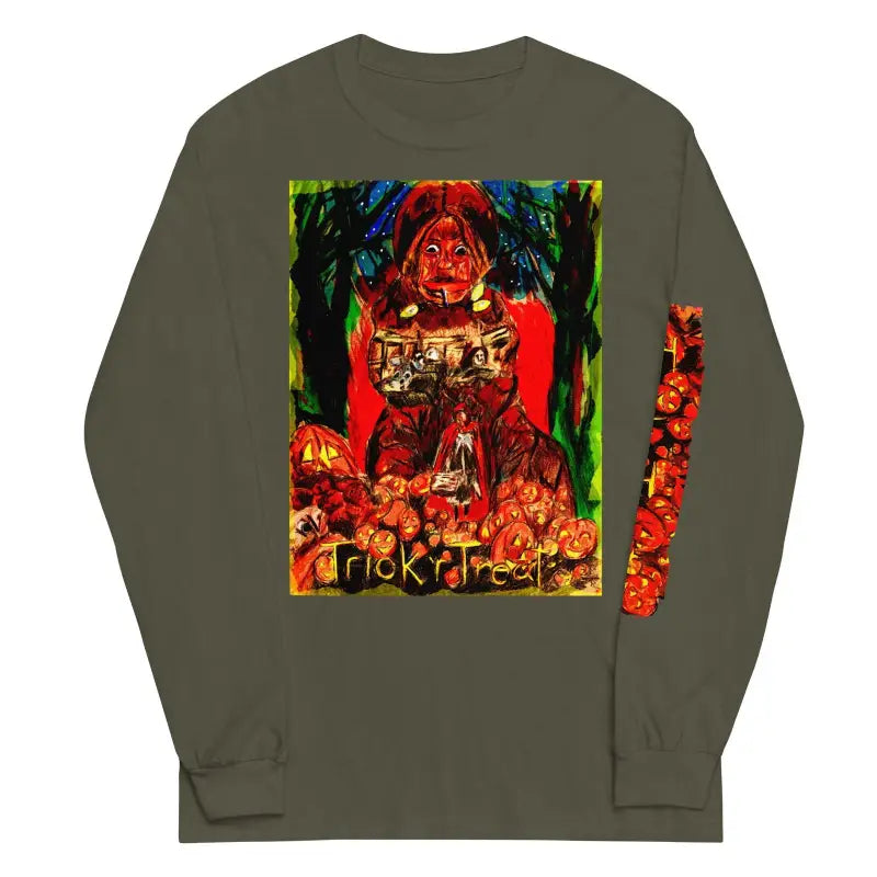 Olive green long sleeve shirt featuring a colorful Halloween graphic for Trick r Treat