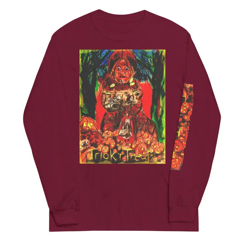 Burgundy long sleeve shirt featuring colorful Halloween graphic for Trick r Treat style