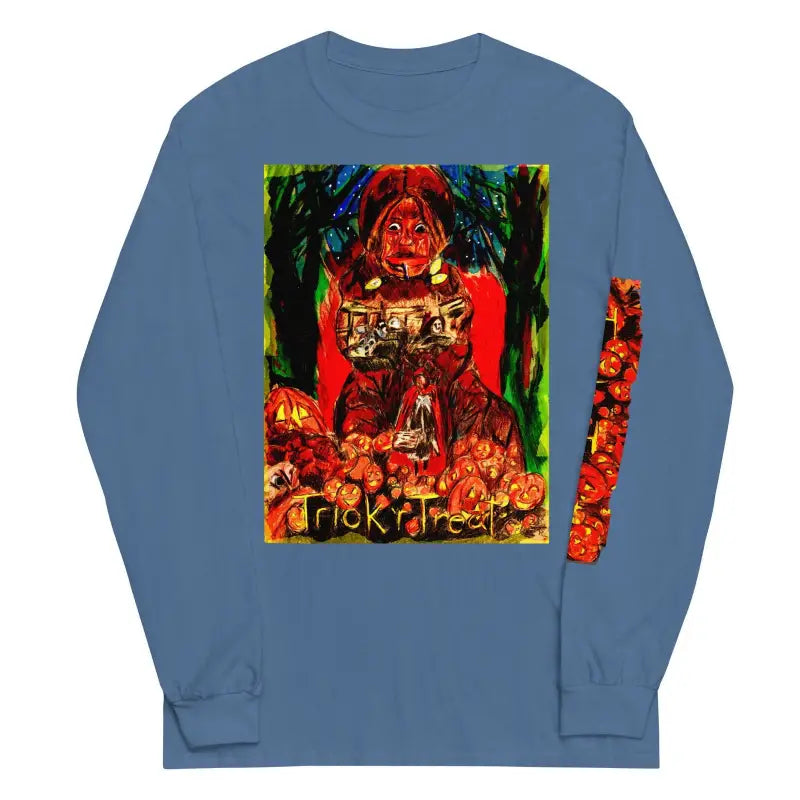 Blue long sleeve shirt featuring a vibrant Halloween graphic print for Trick r Treat