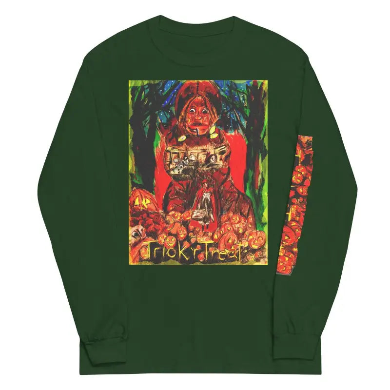 Dark green long sleeve shirt featuring colorful horror artwork for Trick ’r Treat