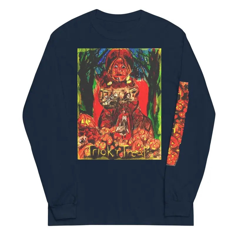 Navy blue long sleeve shirt featuring colorful abstract artwork for Trick r Treat fans