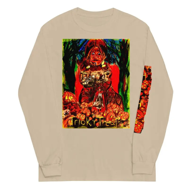 Beige long sleeve shirt featuring vibrant Halloween-themed artwork on the back