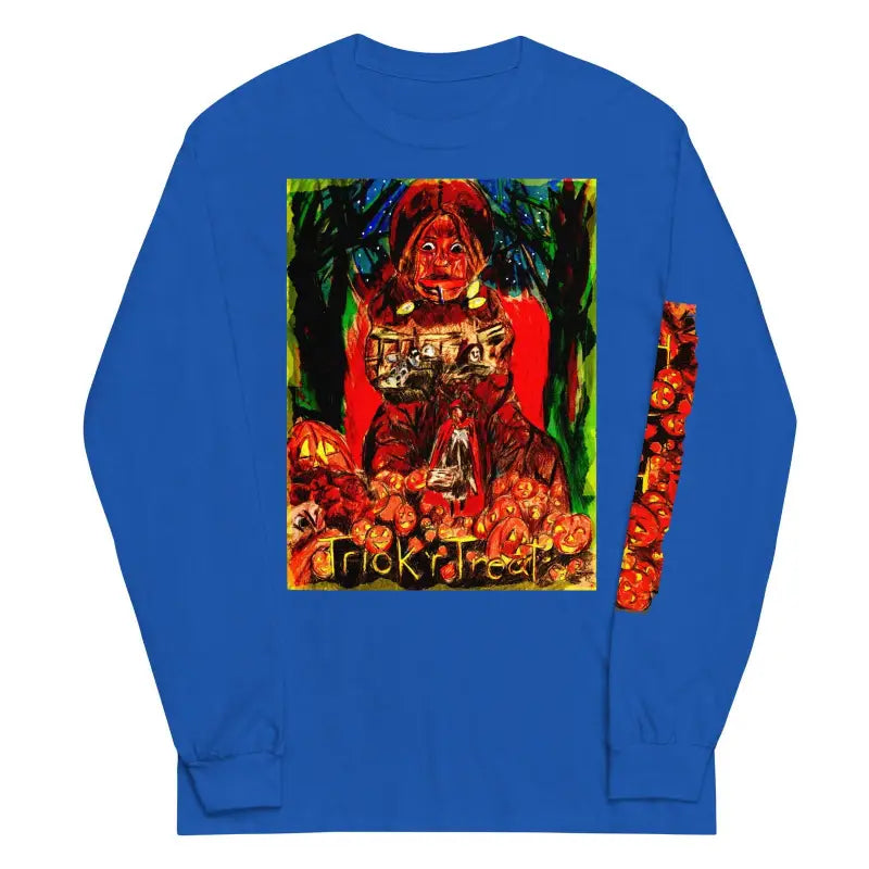 Royal blue long sleeve shirt with Halloween artwork for Trick r Treat celebrations