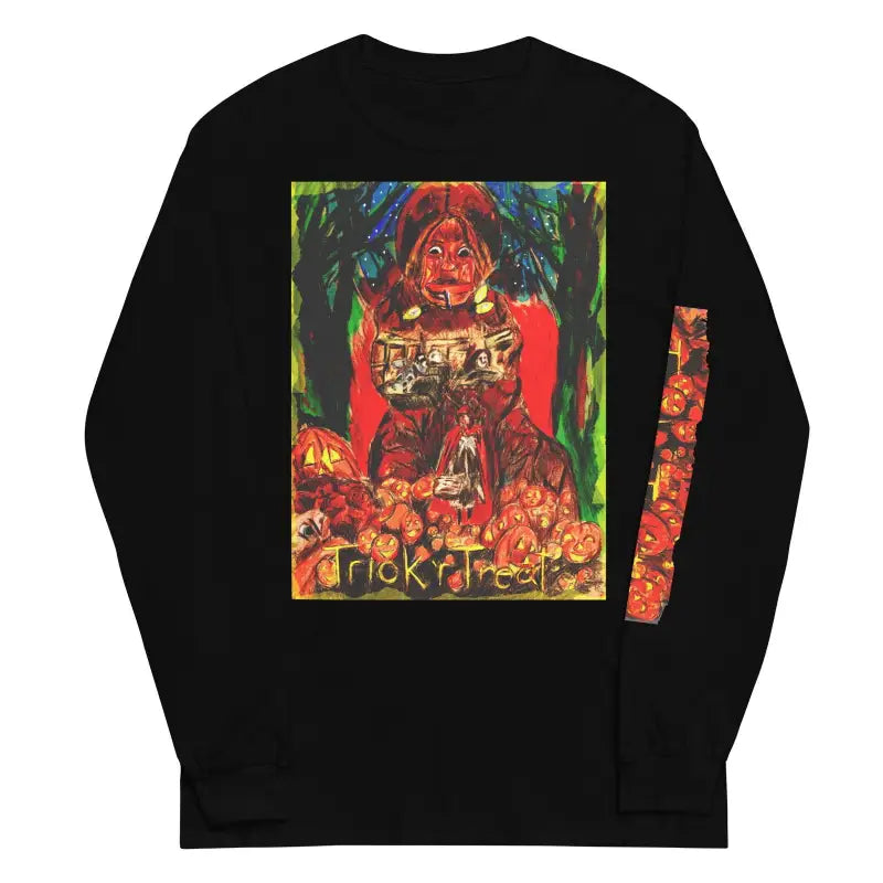 Black long sleeve shirt featuring colorful abstract artwork, ideal for Trick ’r Treat celebrations