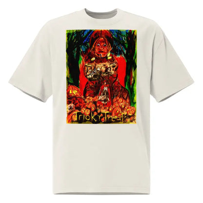 Oversized faded unisex Halloween tee featuring a haunting jack-o’-lantern and trick ‘r treat design