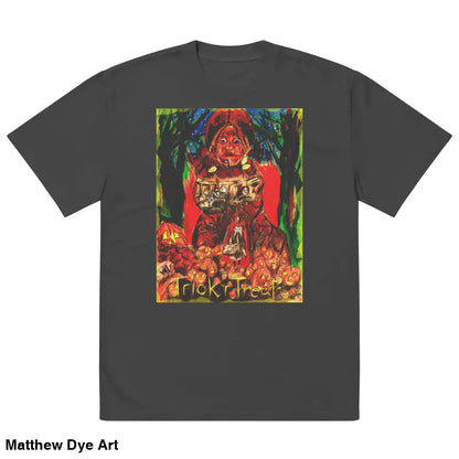 Gray oversized tee featuring a surreal Trick ‘r Treat graphic with a haunting jack-o’-lantern