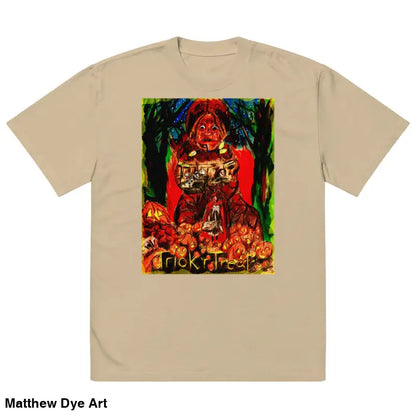 Beige oversized unisex Halloween tee featuring a haunting jack-o’-lantern art design