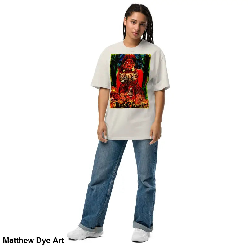 Oversized faded unisex Halloween tee featuring a haunting Jack-o’-lantern design for Trick ‘r Treat
