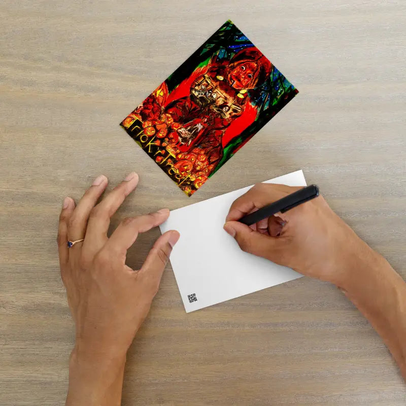 Colorful Trick ’r Treat Mayhem postcard featuring Matthew Dye art and a sinister Jack-O’-Lantern