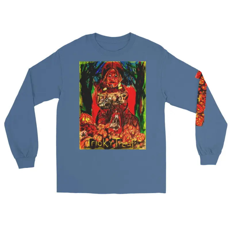 Blue long-sleeve t-shirt featuring Matthew Dye art with Halloween designs for Trick ’r Treat