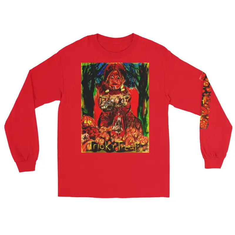 Red long-sleeve Trick ’r Treat shirt featuring Matthew Dye art and vibrant Halloween designs