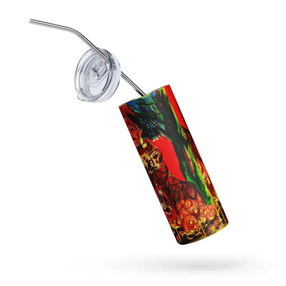 Colorfully patterned stainless steel tumbler with clear lid and straw for Halloween sips