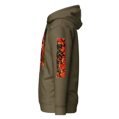 Olive green Trick ’r Treat Halloween unisex hoodie with orange flame-style sleeve text