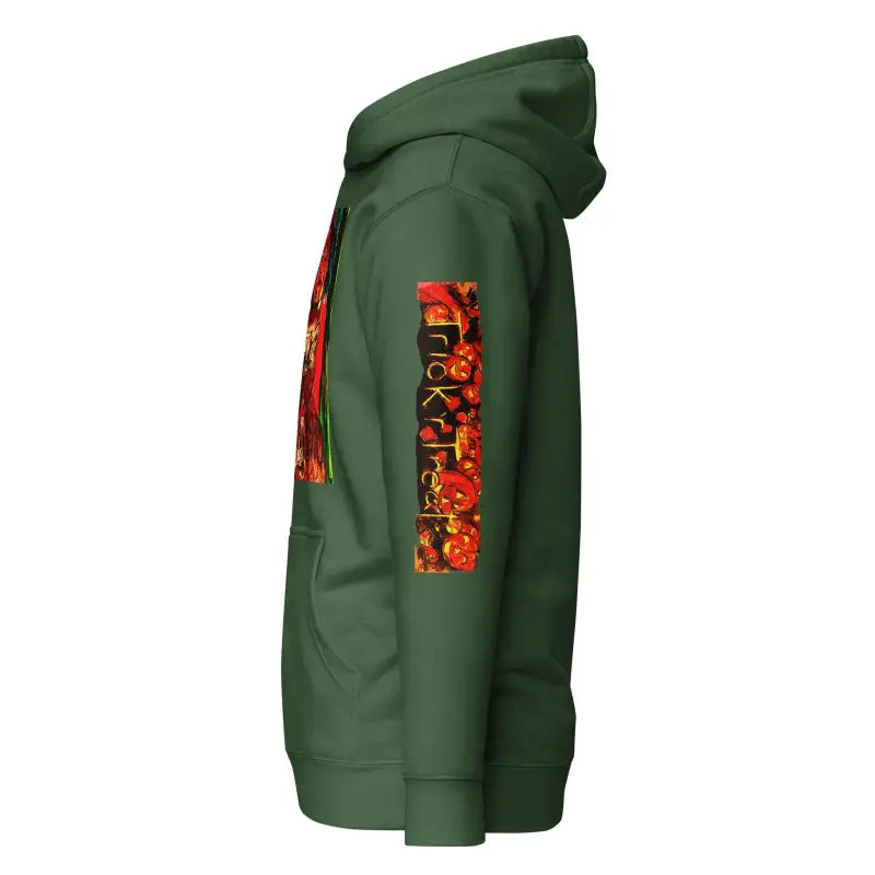 Green hoodie with red text, inspired by Trick r Treat Halloween movie design