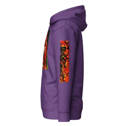 Purple Trick ’r Treat unisex hoodie with orange flame text, perfect for Halloween