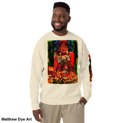 Beige unisex premium sweatshirt featuring a Halloween graphic for Trick ’r Treat