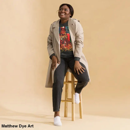 Woman in trench coat sitting on stool, showcasing Trick ’r Treat unisex premium sweatshirt
