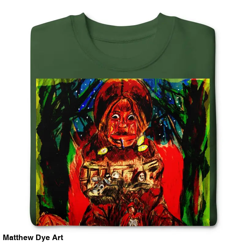 Folded green Trick ’r Treat unisex premium sweatshirt with unique Halloween artwork