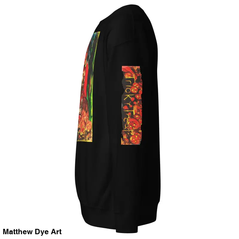 Black Trick ’r Treat unisex premium sweatshirt featuring colorful graphics and soft fleece