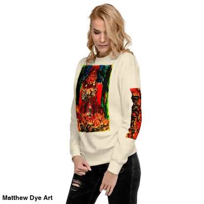 Beige unisex premium sweatshirt featuring Halloween-themed Trick ’r Treat graphic design