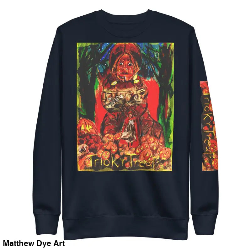 Navy blue unisex premium sweatshirt featuring Trick ’r Treat Halloween graphic design