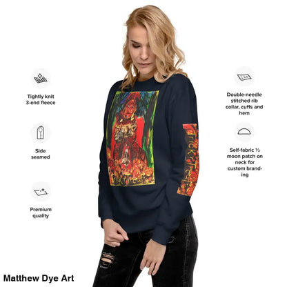 Navy blue unisex premium sweatshirt featuring colorful Trick ’r Treat graphic design