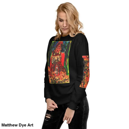 Black soft unisex fleece sweatshirt featuring colorful Trick ’r Treat graphic design