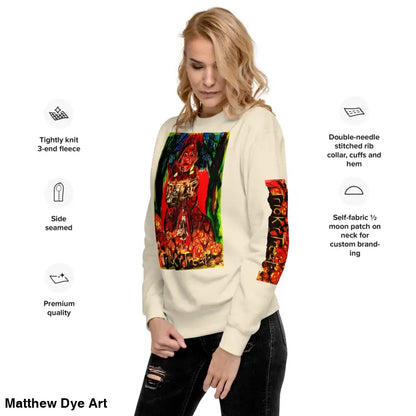 Beige unisex premium sweatshirt featuring colorful Trick ’r Treat graphic designs