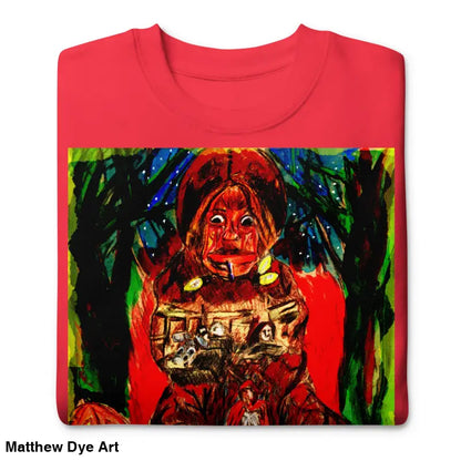 Red sweatshirt featuring a colorful surreal painting in Trick ’r Treat unisex premium style