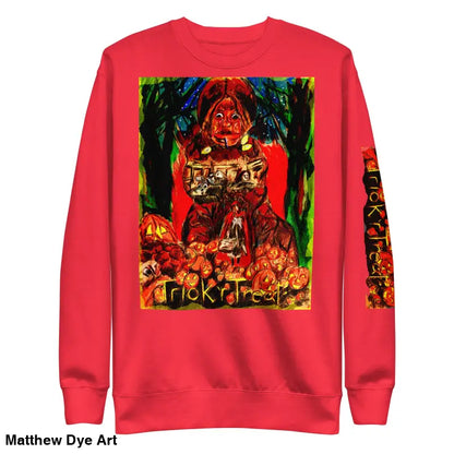 Red Trick ’r Treat unisex premium sweatshirt, a soft unisex fleece for Halloween festivities