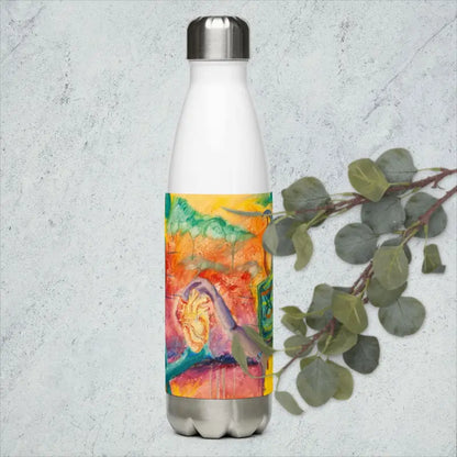 White high-grade stainless steel water bottle featuring colorful abstract art design