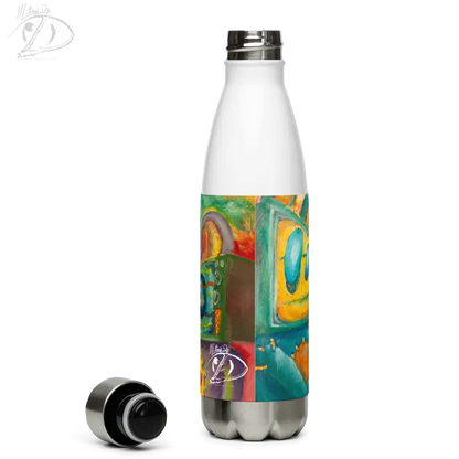 Stainless steel water bottle featuring colorful abstract art design and high-grade material