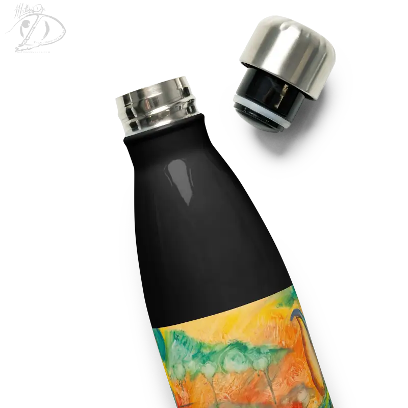 Black stainless steel water bottle featuring colorful watercolor design in elegant hues