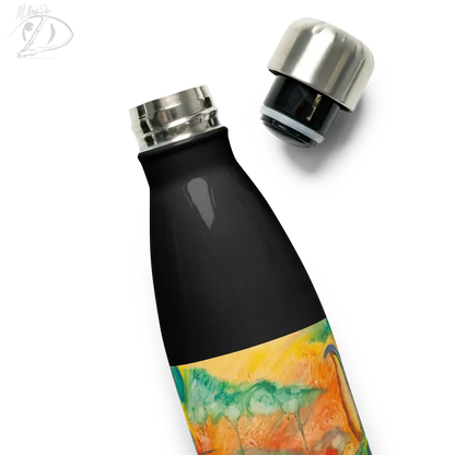 Black stainless steel water bottle featuring colorful watercolor design in elegant hues