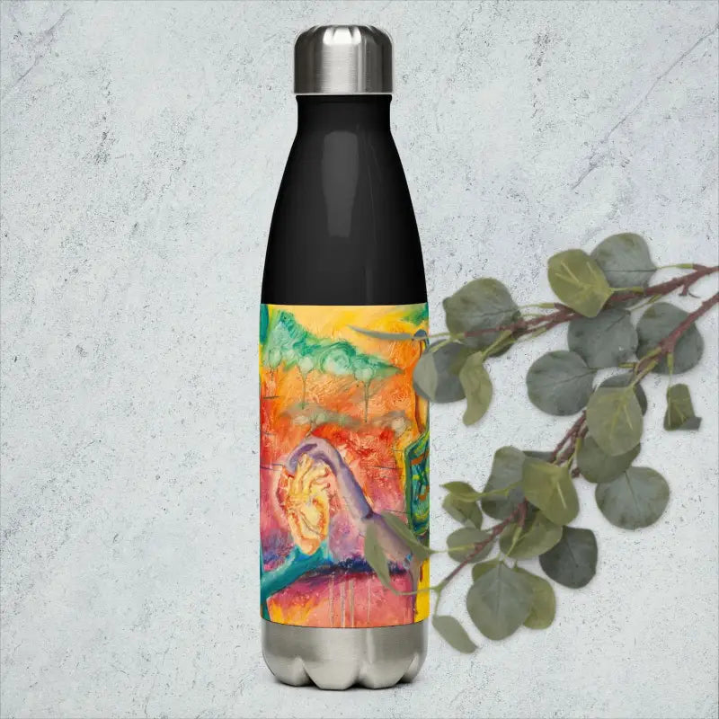 Stainless steel water bottle with colorful artwork, part of high-grade stainless steel collection