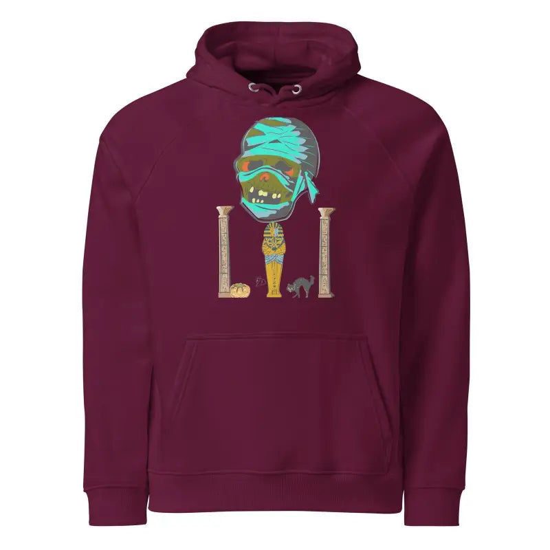 Maroon eco raglan hoodie with turquoise and gold Egyptian mummy design for comfort and style