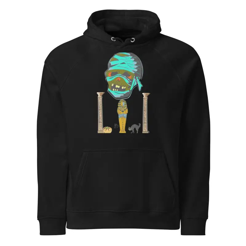 Black Eco Raglan Hoodie featuring turquoise Egyptian mummy design between two pillars